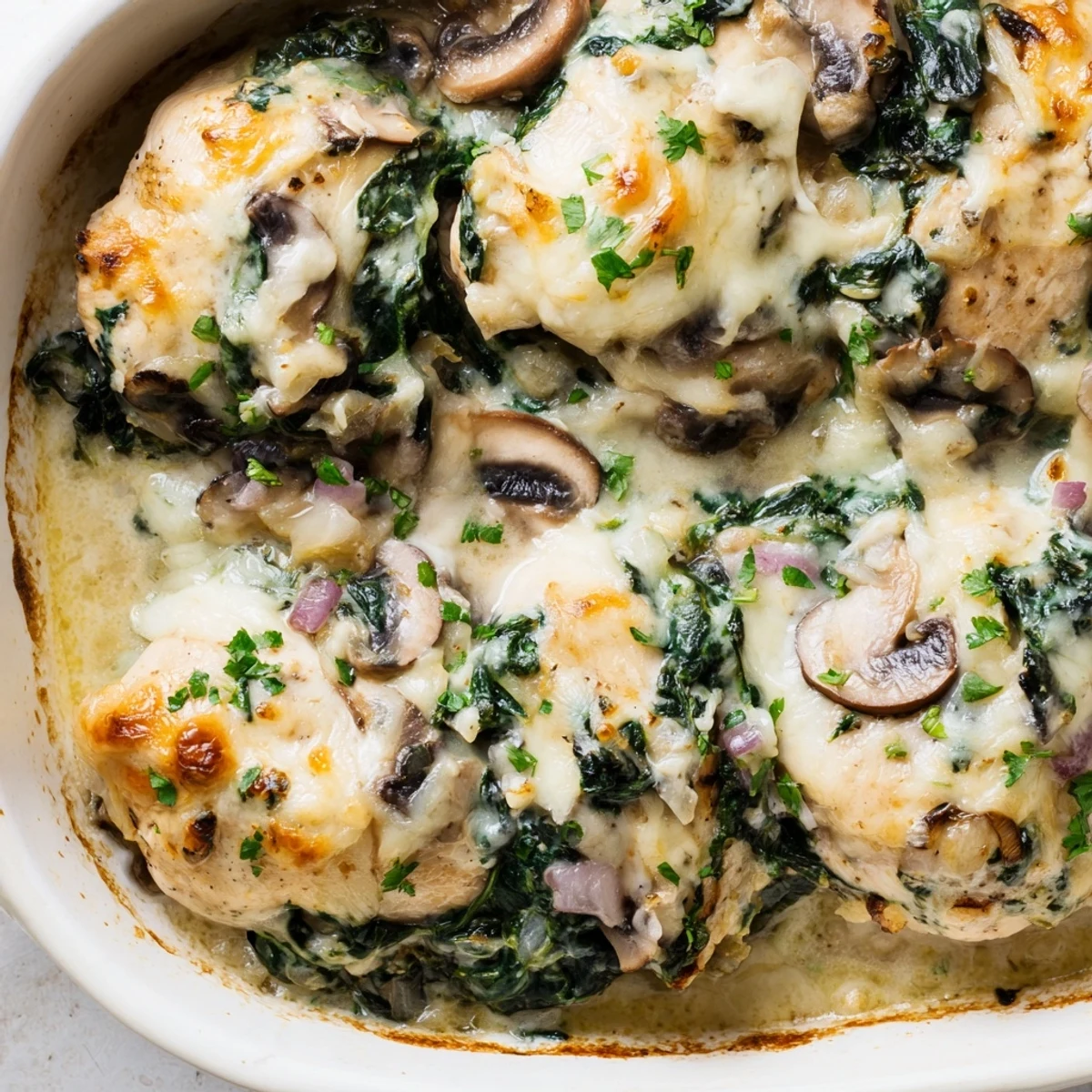 Creamy low carb chicken spinach mushroom bake casserole featuring tender chicken breasts and wilted spinach