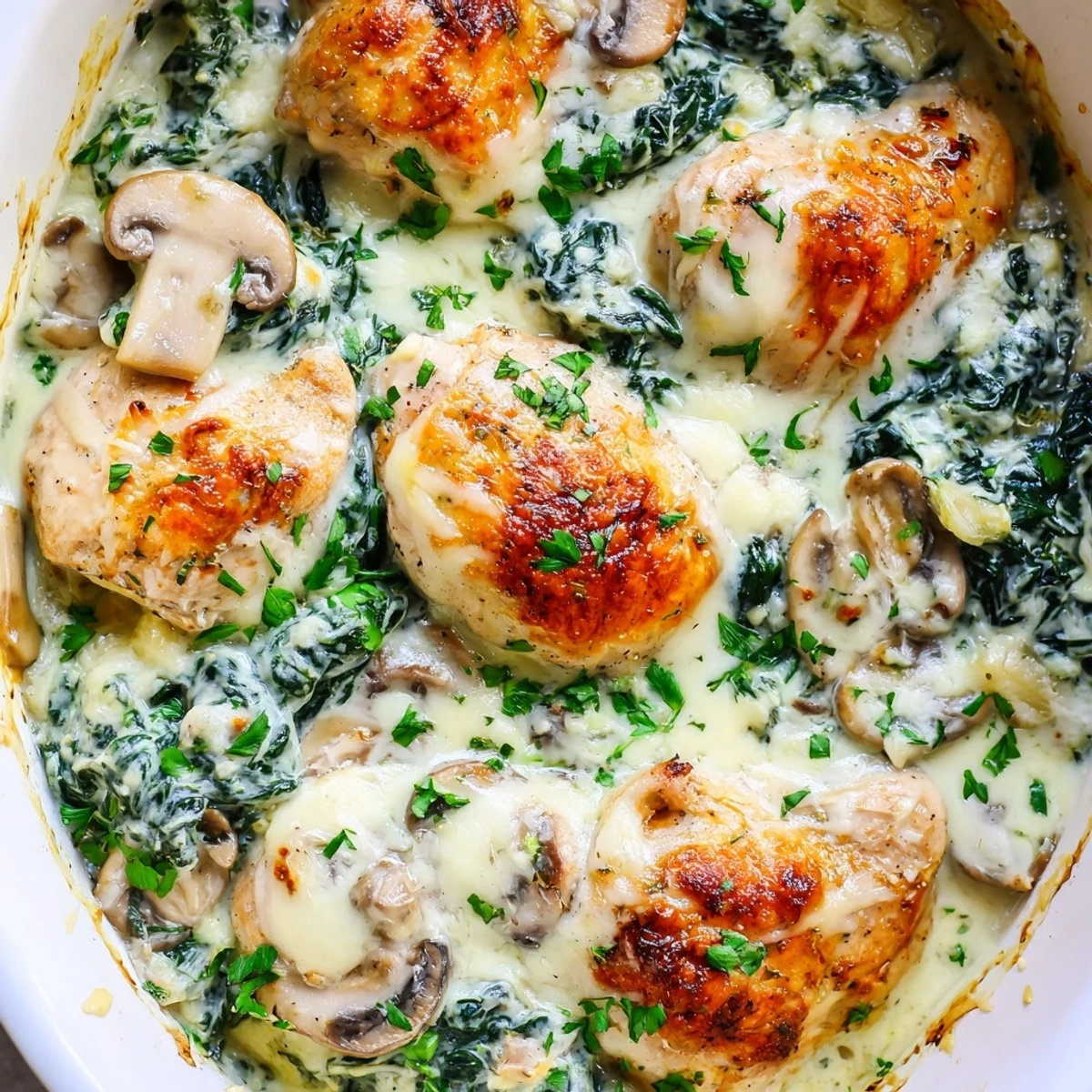 Sliced low carb chicken spinach mushroom bake served hot showing cheesy sauce and sautéed vegetables