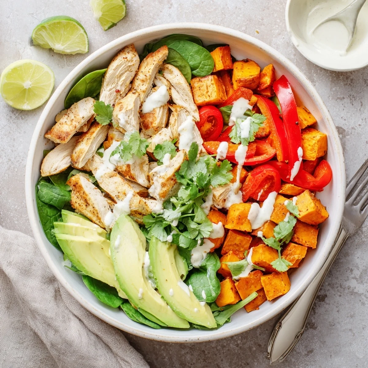 Roasted chicken and sweet potato bowl layered with fresh avocado and vibrant vegetables