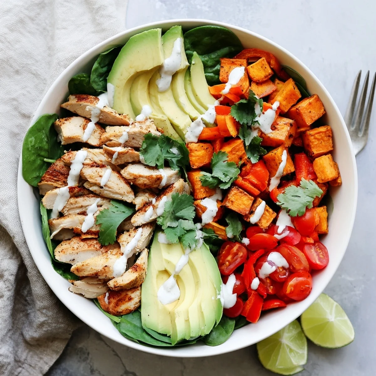 Colorful meal prep bowl featuring tender spiced chicken and roasted sweet potato cubes