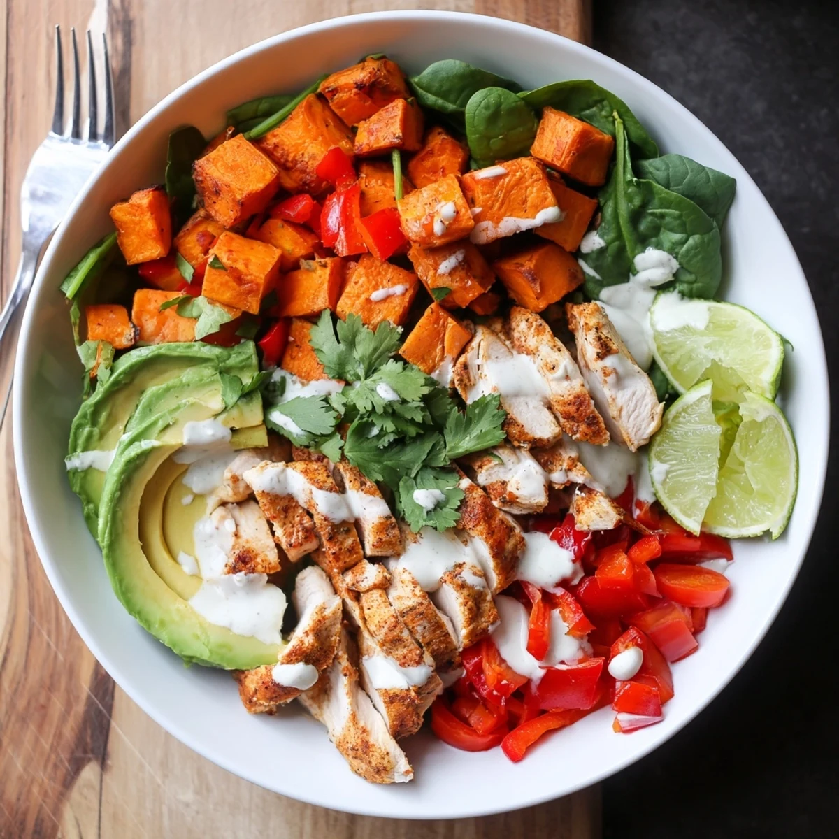 Healthy chicken sweet potato bowl topped with sliced avocado, cilantro, and lime wedges
