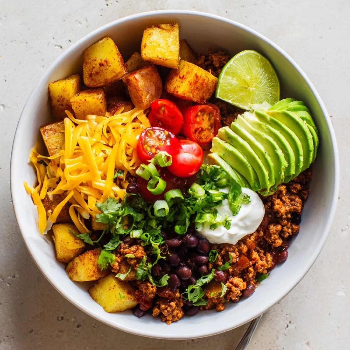Golden crispy roasted potatoes topped with seasoned ground beef and fresh taco toppings in a hearty ground beef potato taco bowl