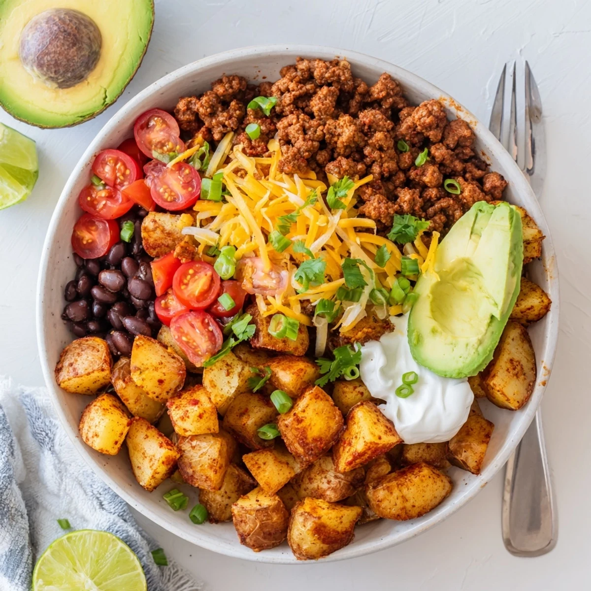 Hearty Tex-Mex style ground beef potato taco bowl loaded with melted cheese, avocado slices, cherry tomatoes, and creamy sour cream