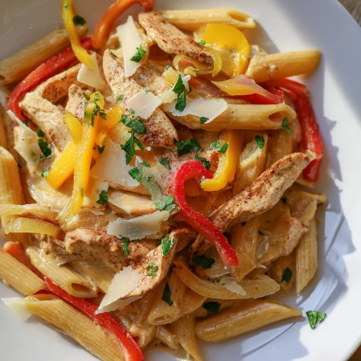 Golden Cajun-spiced chicken strips atop penne pasta coated in a rich, creamy Parmesan sauce with colorful bell peppers