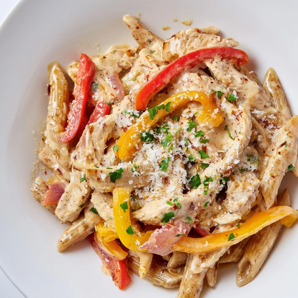 A comforting bowl of Cajun chicken penne pasta tossed in a velvety cream sauce and garnished with fresh parsley