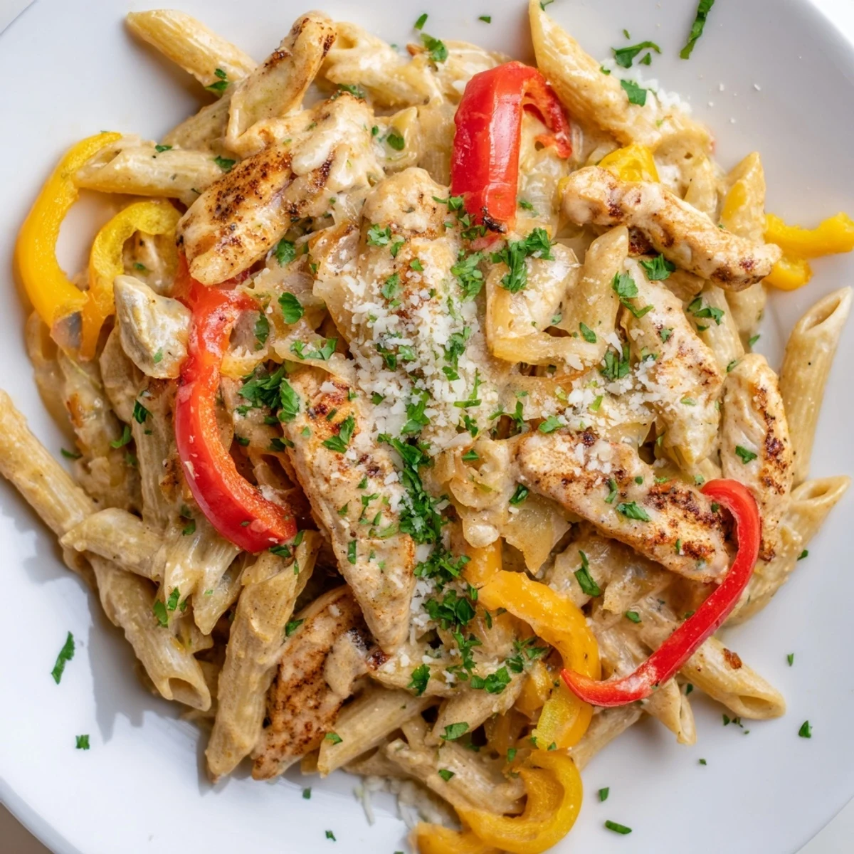 Tender sliced chicken with spicy Cajun seasoning served over penne in a thick, creamy sauce with red and yellow peppers