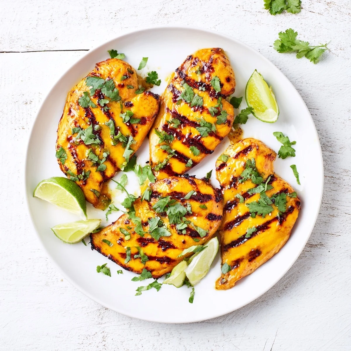 Golden grilled mango chicken garnished with fresh cilantro and lime wedges on a white plate