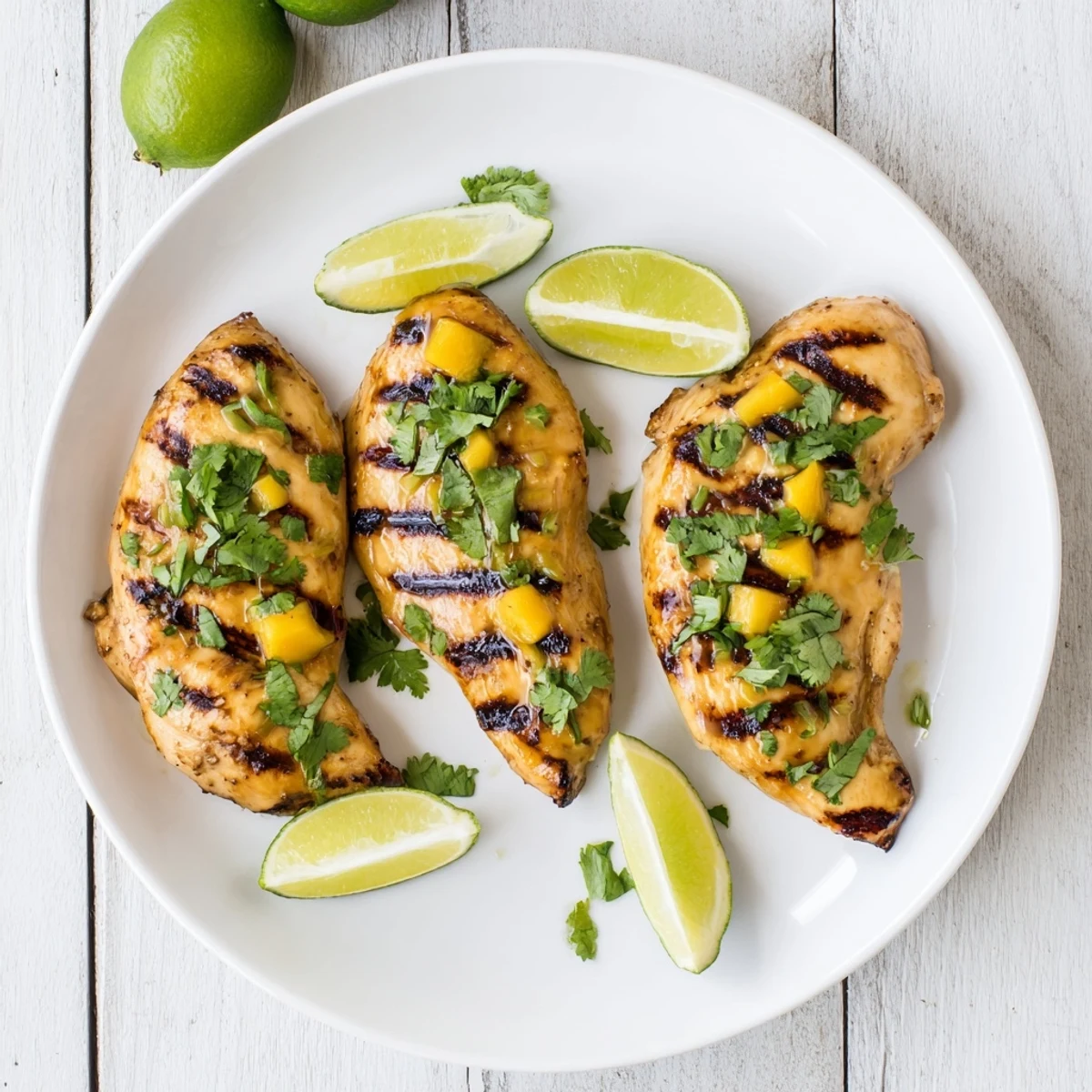 Juicy chicken breasts glazed with sweet mango marinade showing attractive char marks from the grill
