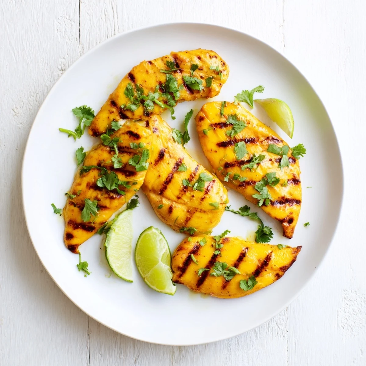 Tropical grilled mango chicken sliced to reveal tender meat inside with vibrant green cilantro sprinkled on top
