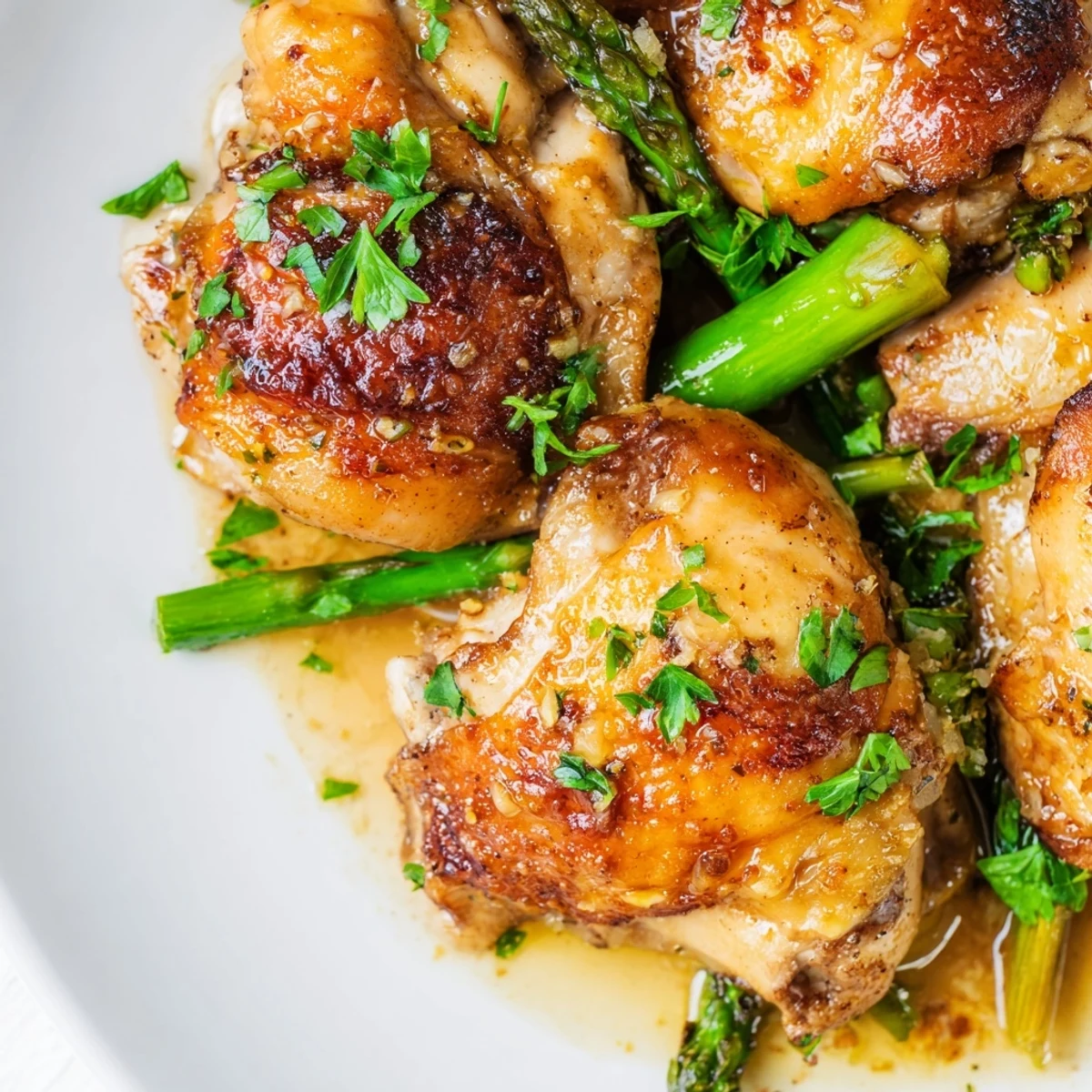 Golden brown chicken bites nestled in garlic butter sauce with bright green asparagus spears