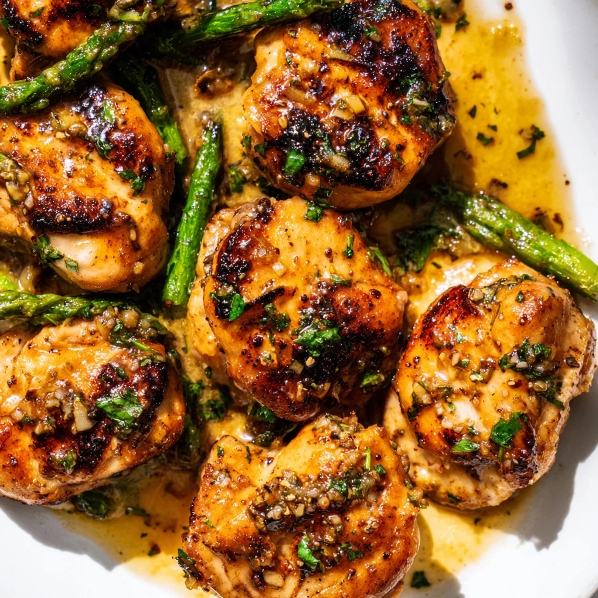 Savory garlic butter chicken bites plated alongside crisp asparagus garnished with fresh parsley