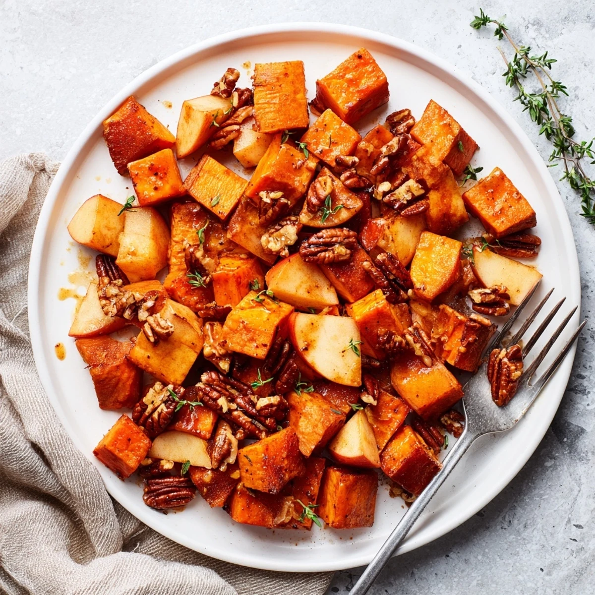 Rustic baking sheet filled with glazed sweet potatoes and apples sprinkled with chopped pecans and fresh thyme