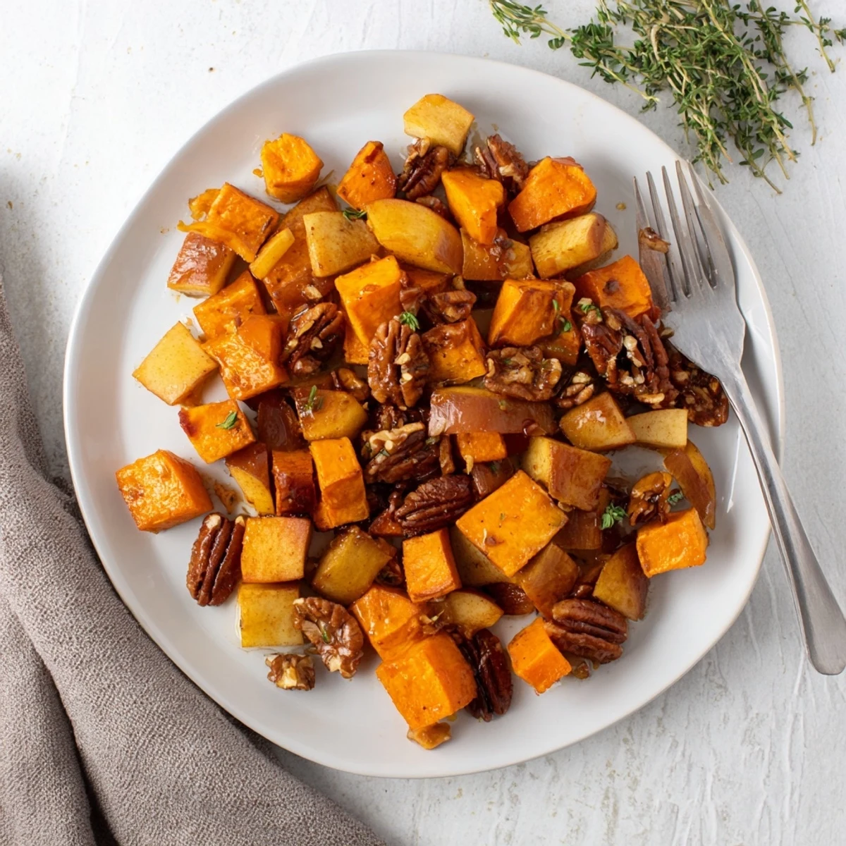 Tender cubes of sweet potatoes and caramelized apple chunks coated in sweet maple cinnamon mixture