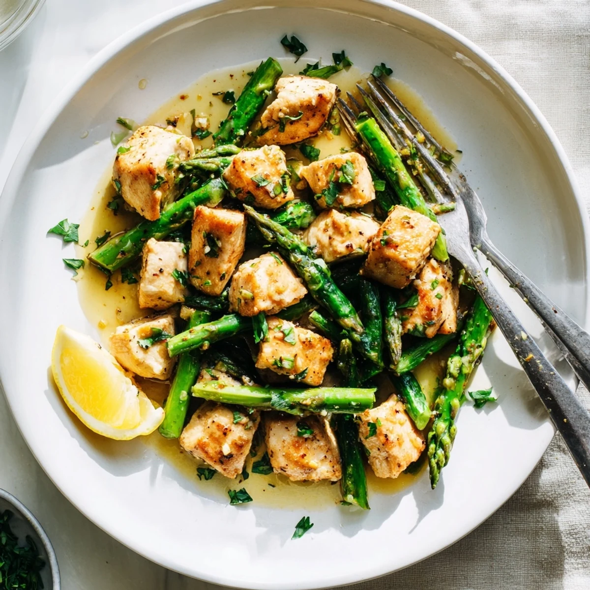 Golden brown chicken bites with asparagus in a rich garlic butter sauce