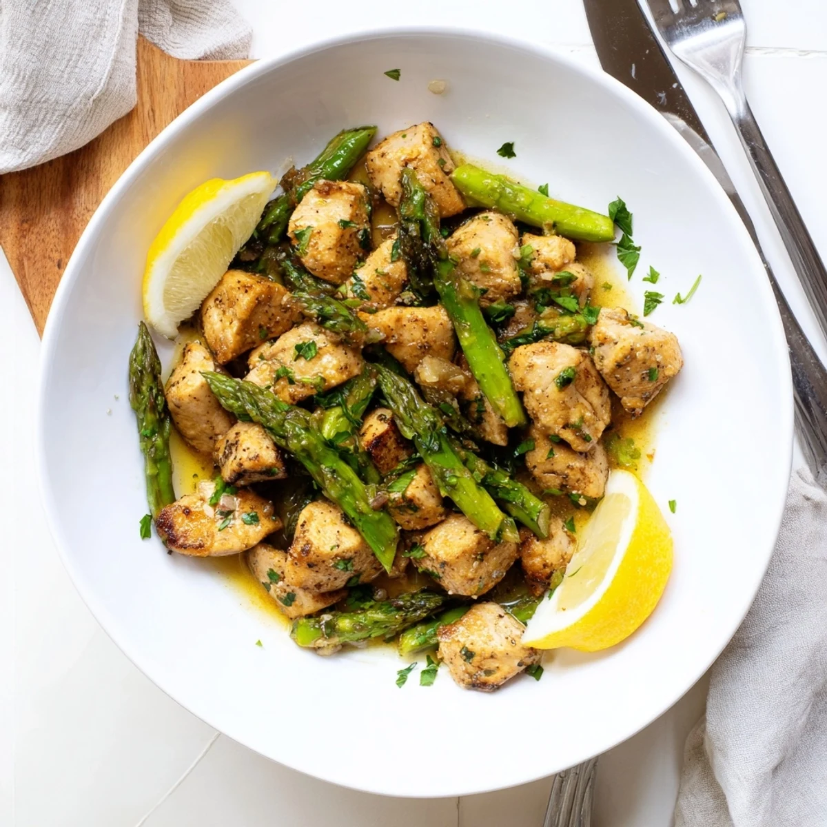 Tender cubed chicken and crisp asparagus cooked in buttery garlic lemon glaze