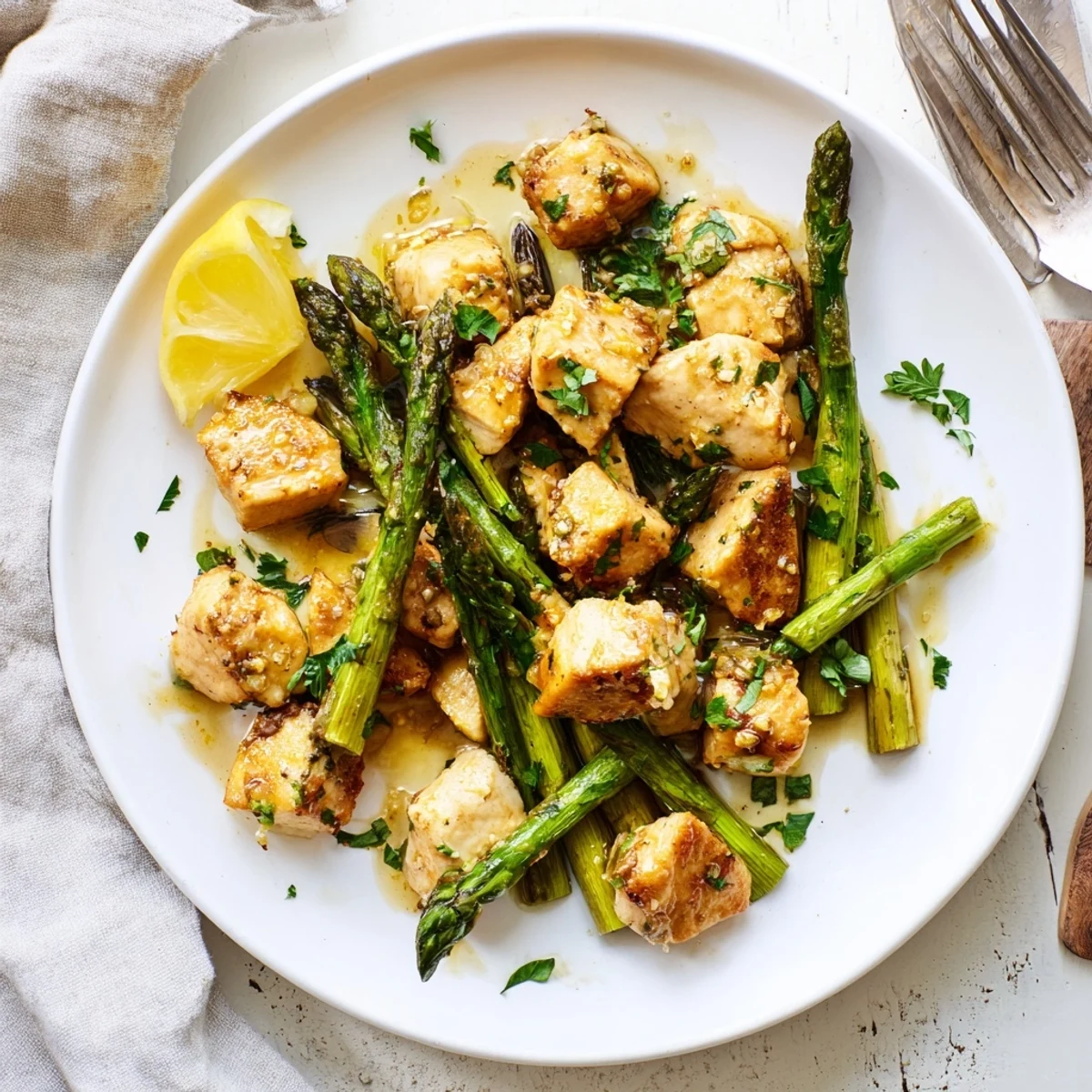 Weeknight dinner of juicy garlic butter chicken bites with fresh asparagus spears
