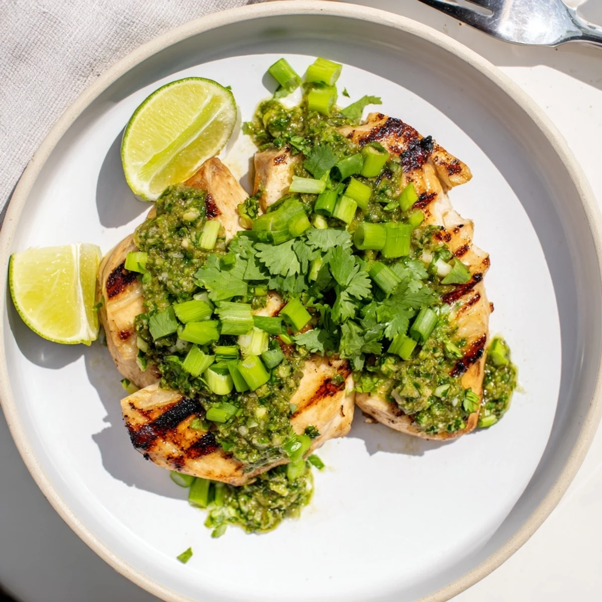 Golden grilled chicken breast topped with melted pepper jack cheese and vibrant green salsa verde garnished with fresh cilantro and green onions