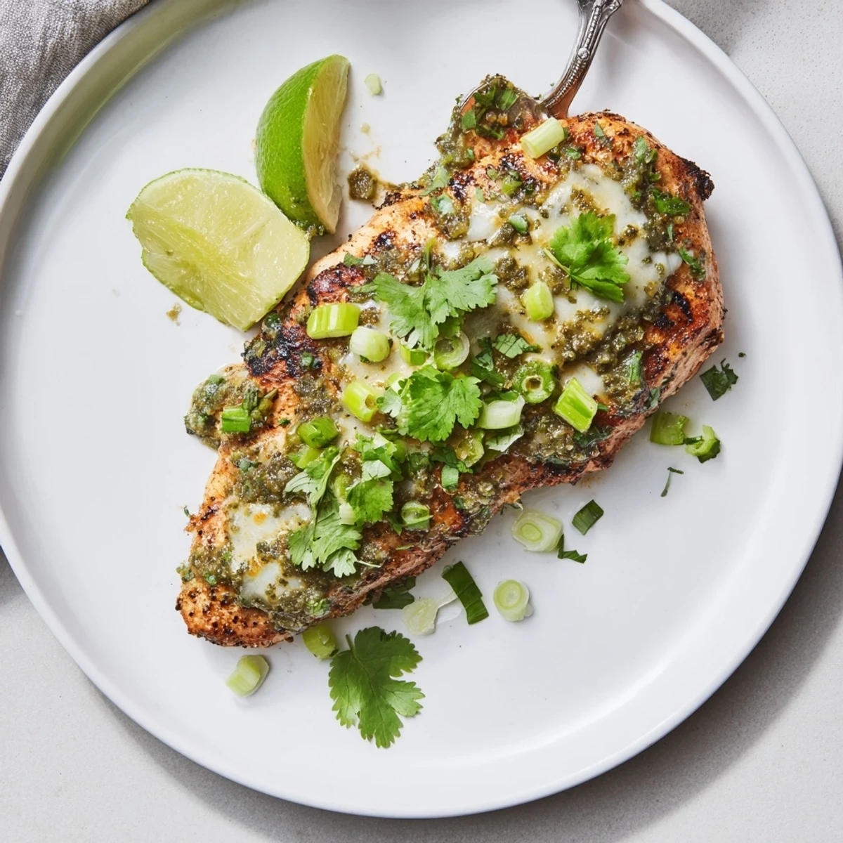 Zesty salsa verde pepper jack chicken sizzling on the grill with char marks and bubbling cheese ready for a delicious Tex-Mex dinner