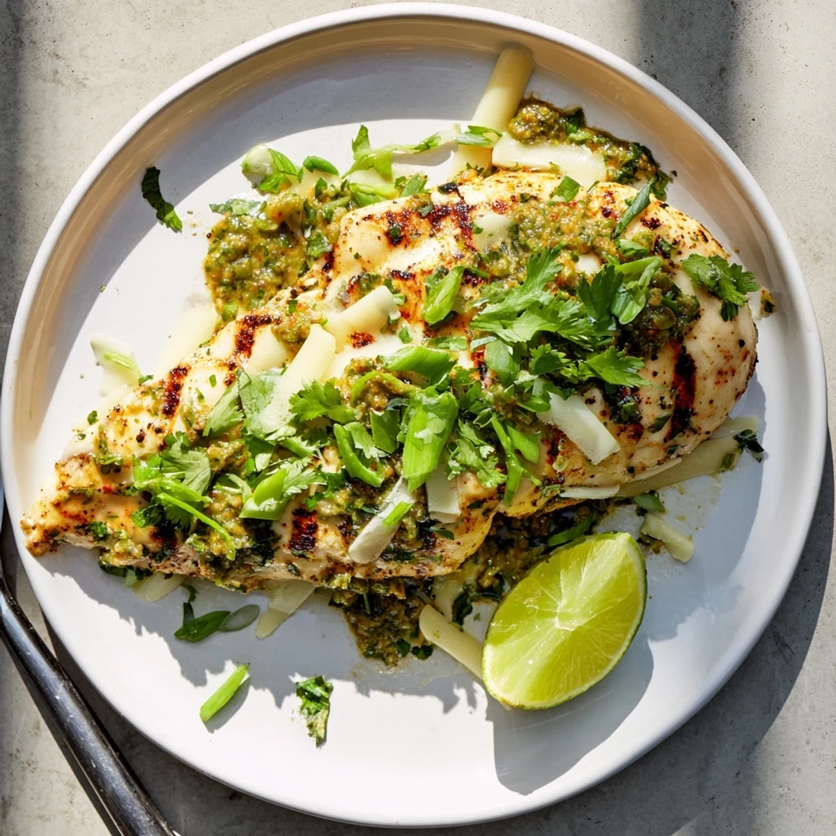 Close-up of juicy spiced chicken layered with tangy green salsa and creamy pepper jack cheese, served with fresh lime wedges on a plate