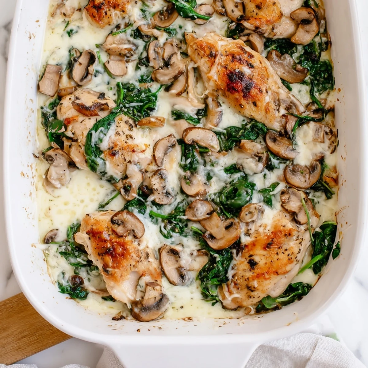 Golden brown low carb chicken spinach mushroom bake with bubbling mozzarella cheese topping