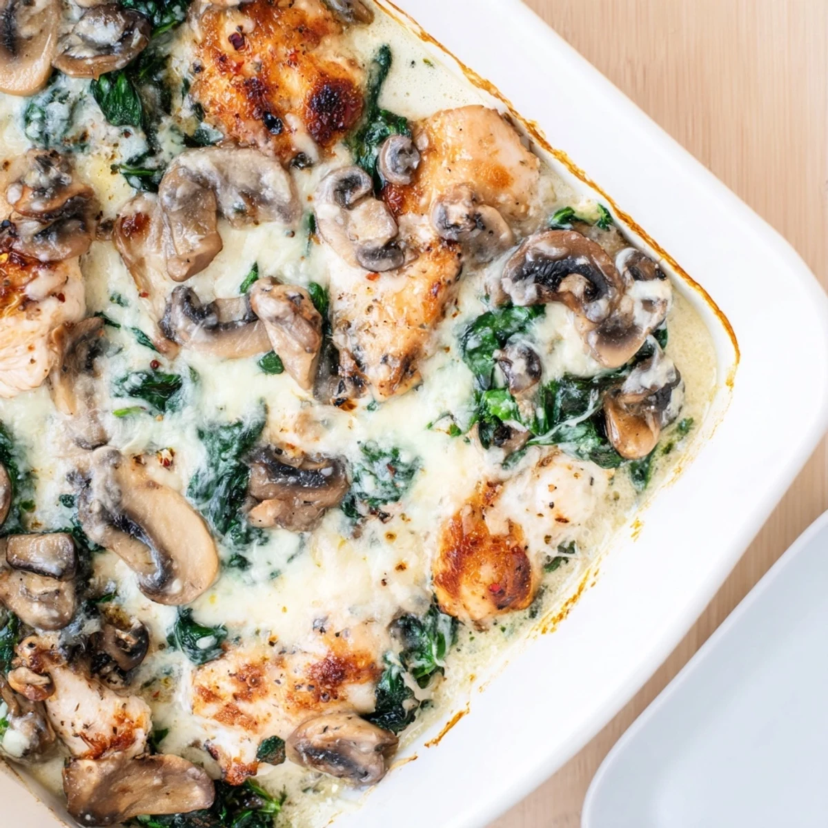 Creamy baked chicken casserole with tender spinach and sliced mushrooms in white baking dish