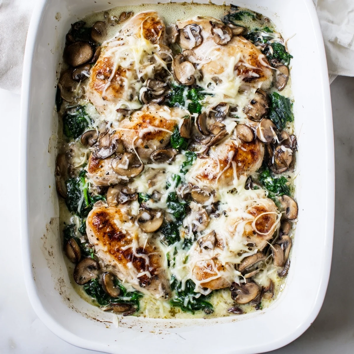 Succulent low carb chicken spinach mushroom bake served hot with melted cheese and vegetables