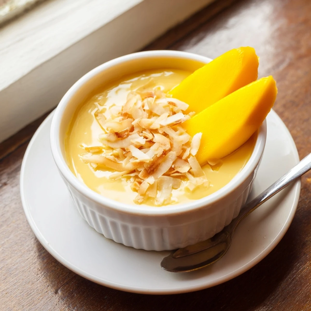 Silky Thai coconut custard steamed in white ramekins topped with golden toasted coconut flakes