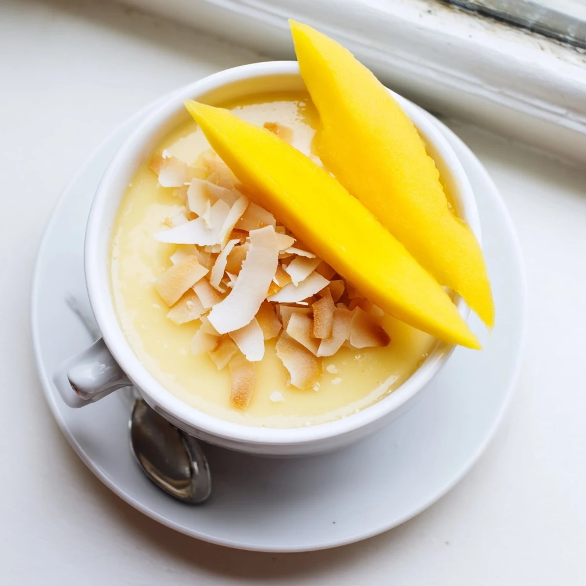 Creamy Thai coconut custard dessert topped with fresh mango slices and shredded coconut