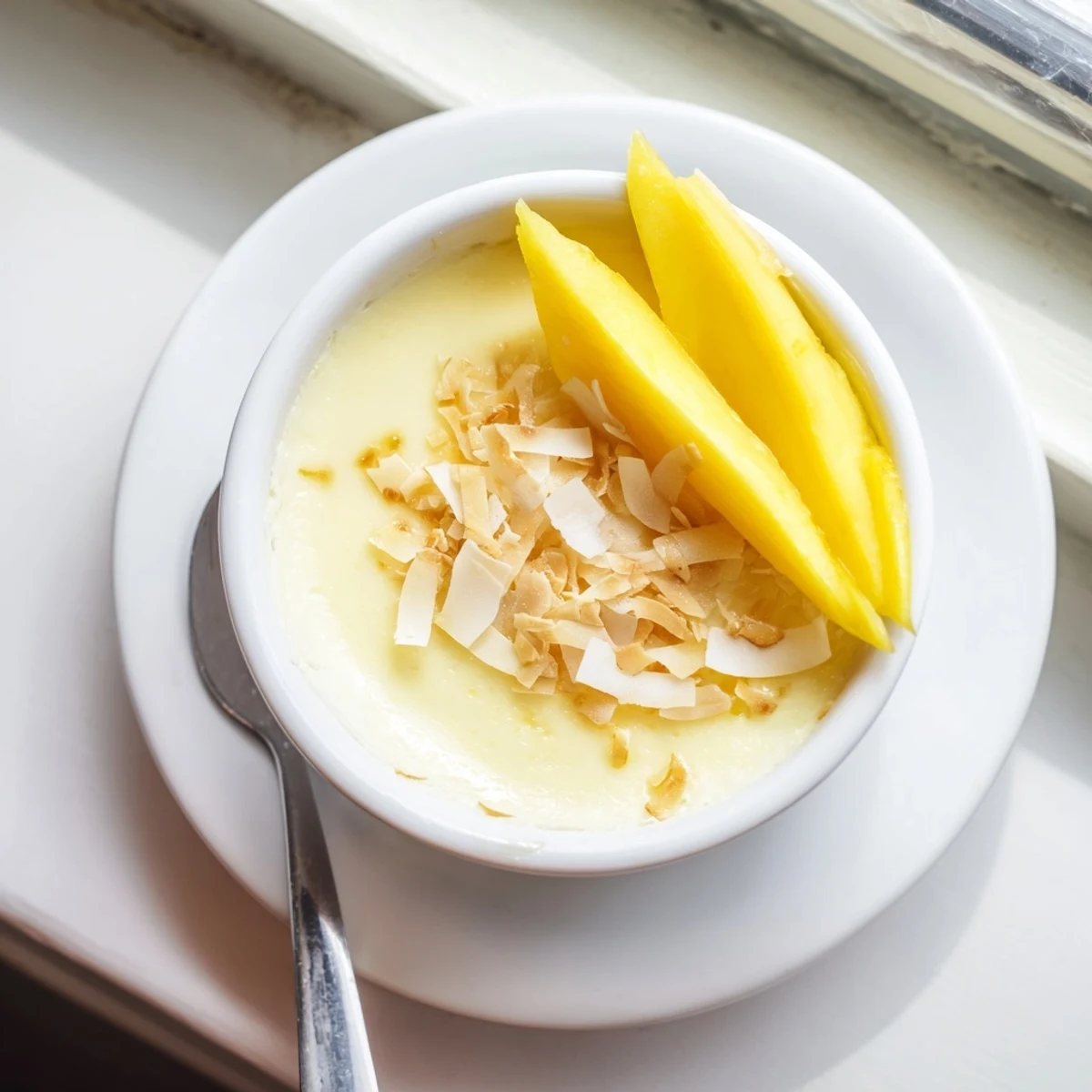 Gentle steam rises from delicate Thai coconut custard cups garnished with sweet tropical fruit