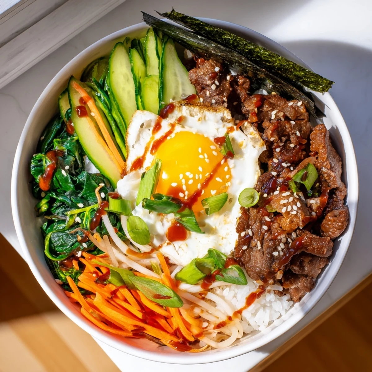 Savory Korean-inspired breakfast bowl featuring crispy beef, runny yolk, and colorful veggies arranged in sections over rice