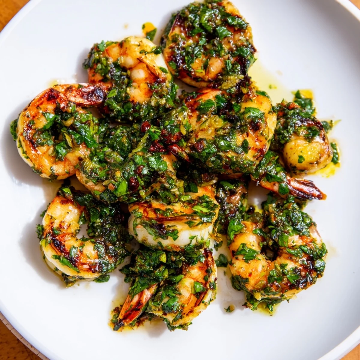 Golden pan seared chimichurri shrimp coated in vibrant green herb sauce and plated with fresh parsley garnish