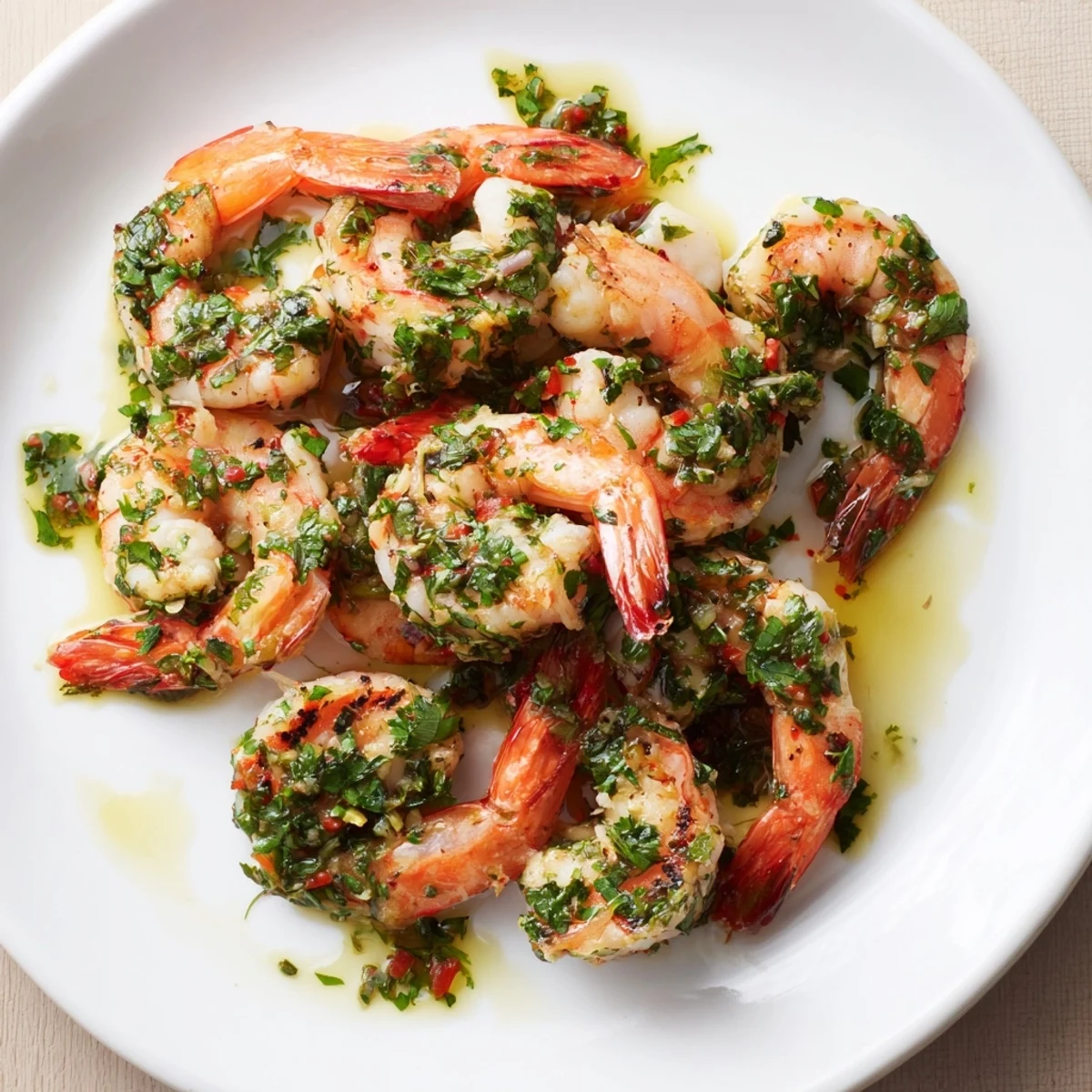 Succulent shrimp seared to perfection and drizzled with zesty homemade chimichurri sauce on a white serving platter