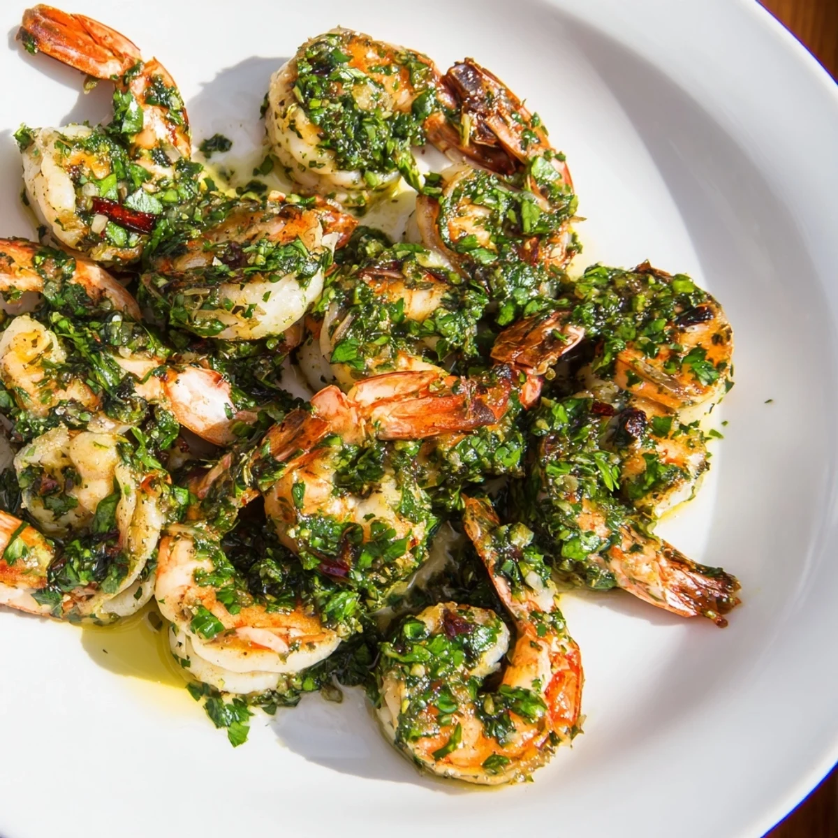 Perfectly cooked pan seared chimichurri shrimp glistening with olive oil and fresh Latin American herbs