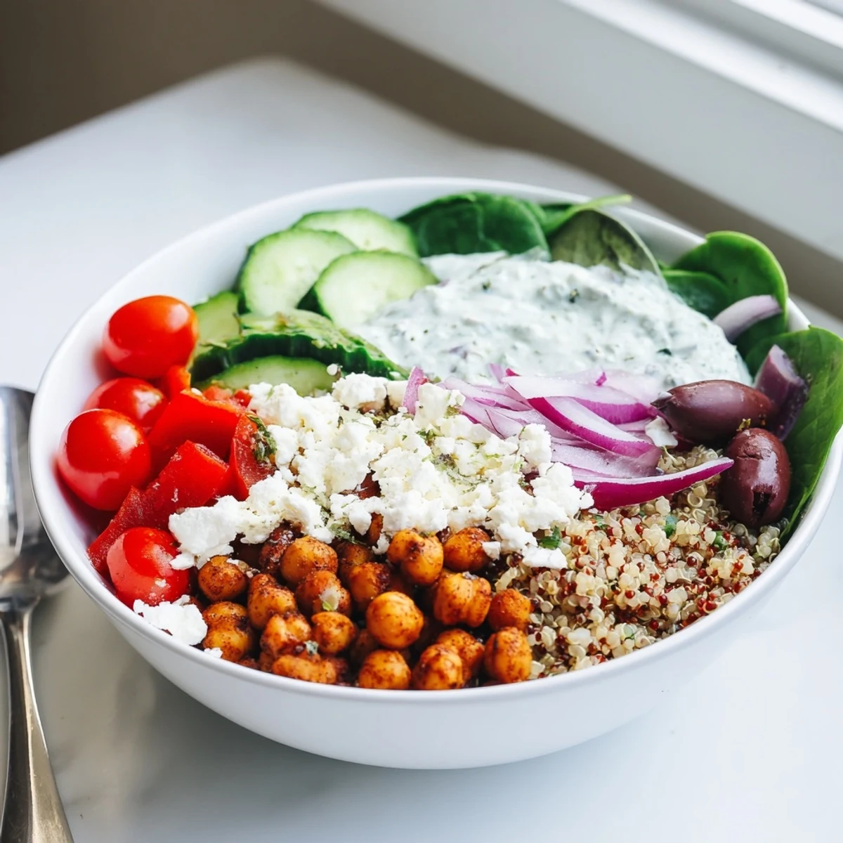 Colorful Greek power bowl with quinoa, fresh vegetables, feta cheese, and creamy tzatziki sauce arranged in layers