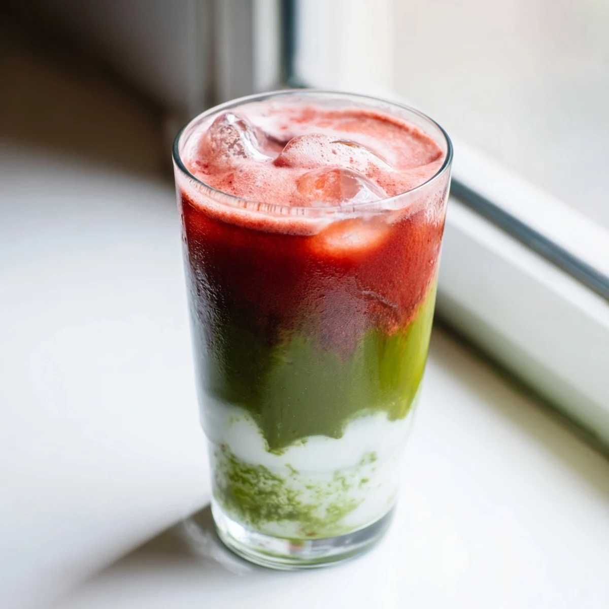 Vibrant layered strawberry matcha latte with sweet red puree, earthy green tea, and icy cold milk in a clear glass