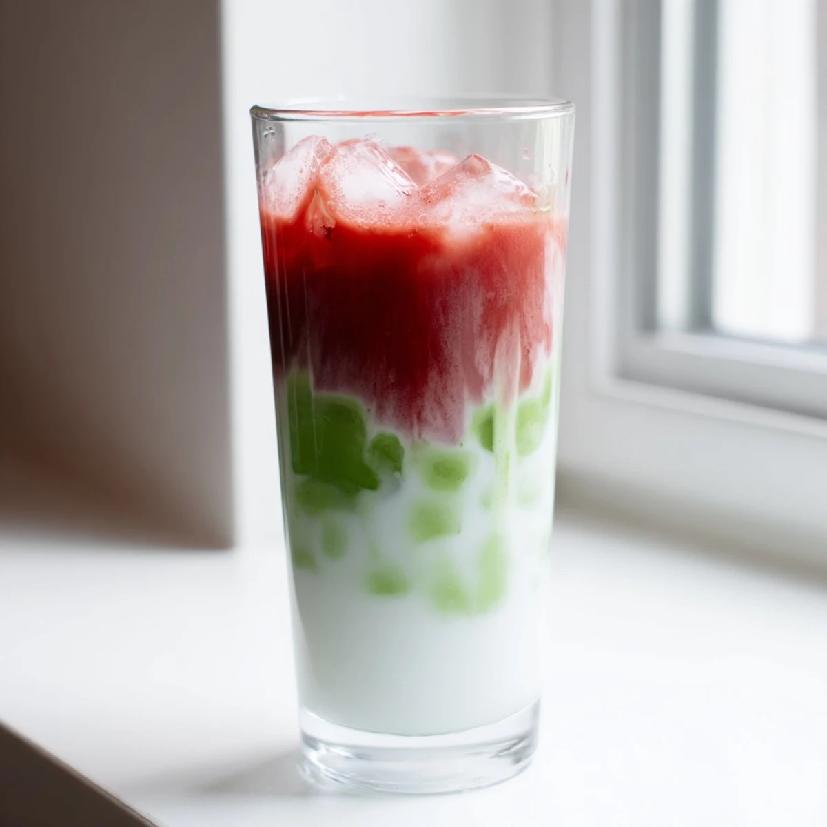 Homemade strawberry matcha latte showcasing three colorful layers of fresh fruit, frothy matcha, and creamy milk over ice