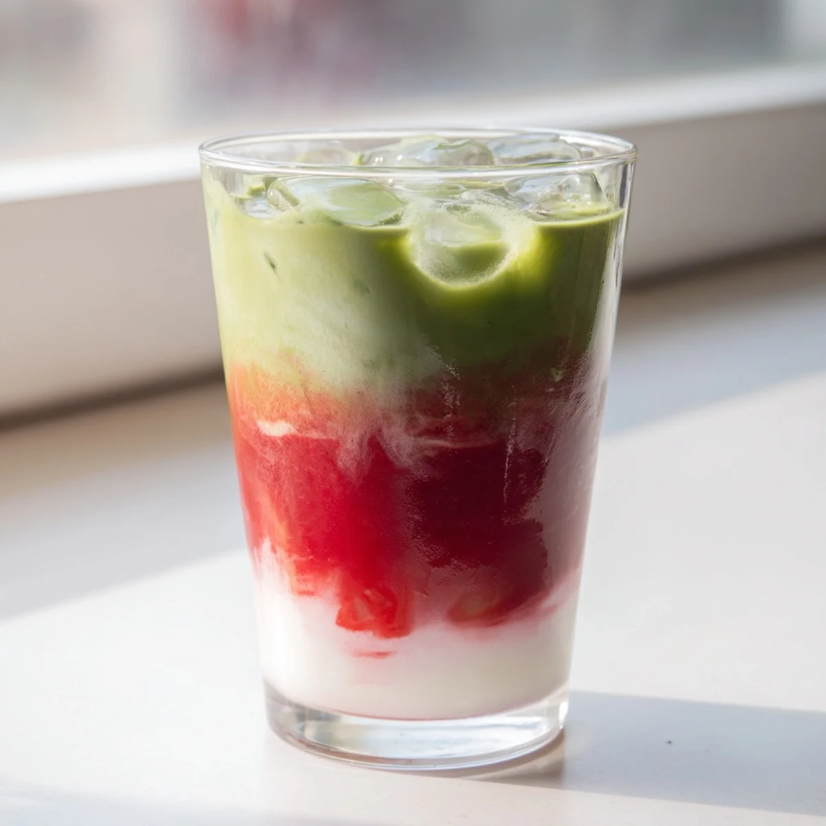 Refreshing strawberry matcha latte poured in a tall glass with distinct red and green gradient layers topped with white milk