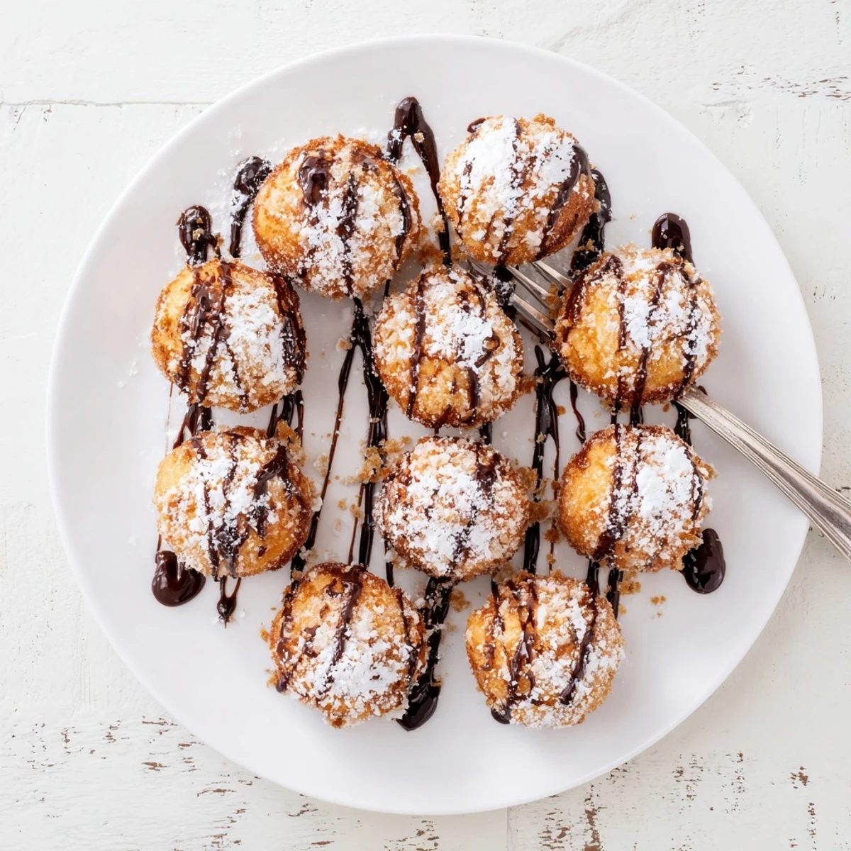 Warm deep fried marshmallows drizzled with chocolate sauce on a white dessert plate