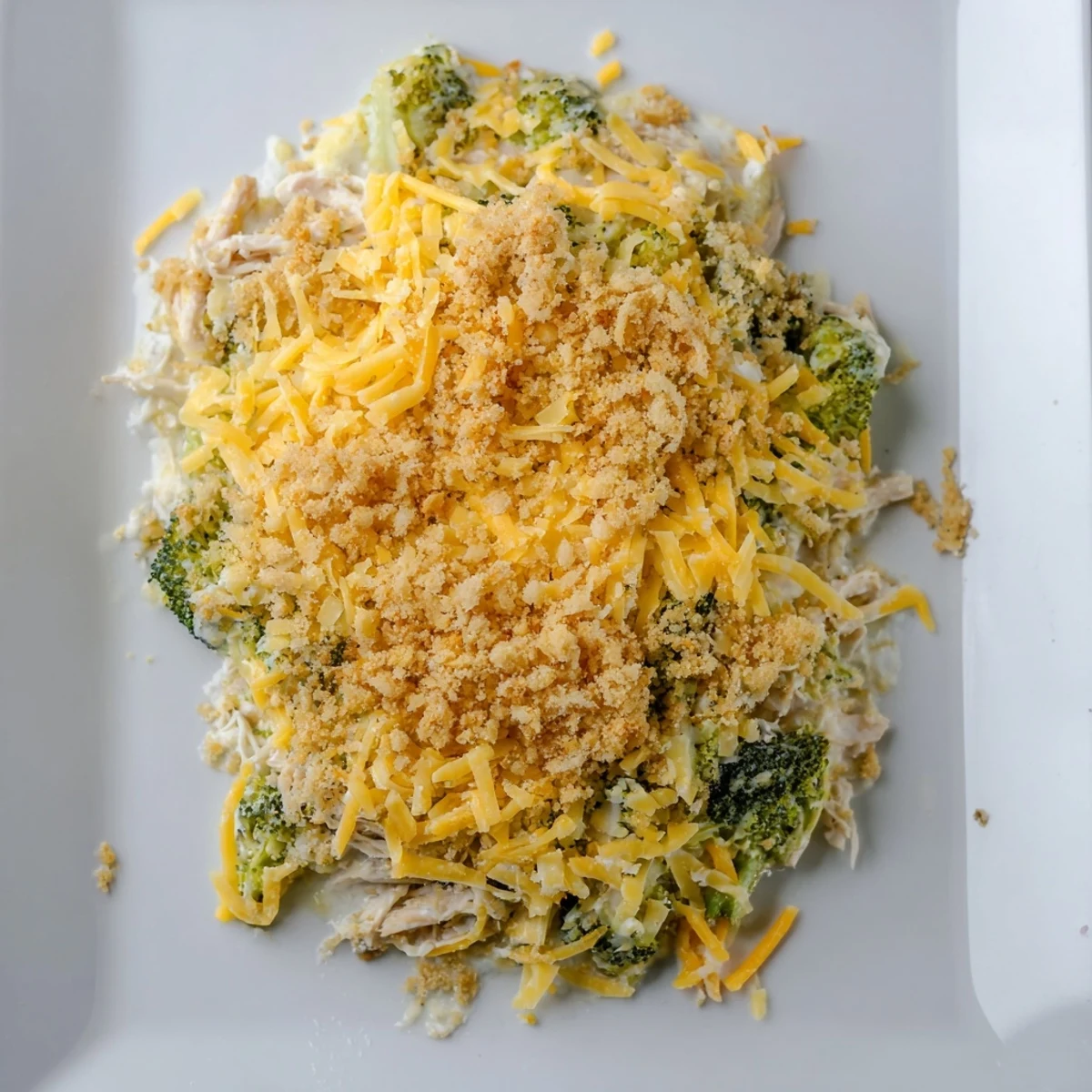 Creamy chicken broccoli casserole bubbling in a glass baking dish with golden brown breadcrumb crust