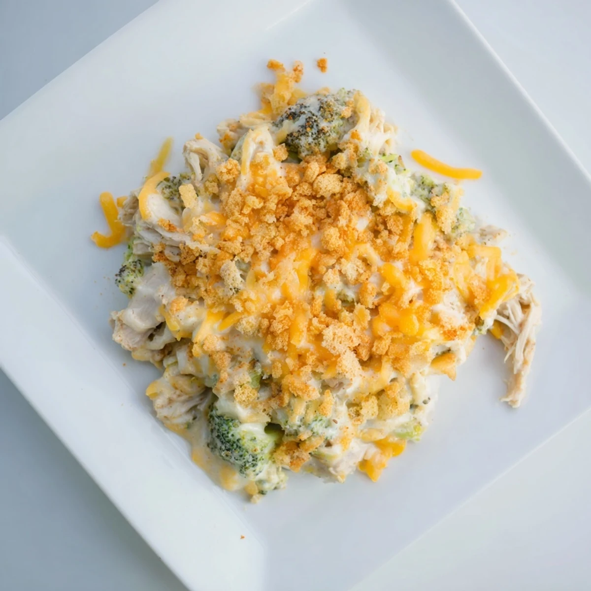 Golden baked chicken broccoli casserole with melted cheddar and crispy buttered panko topping on a white plate
