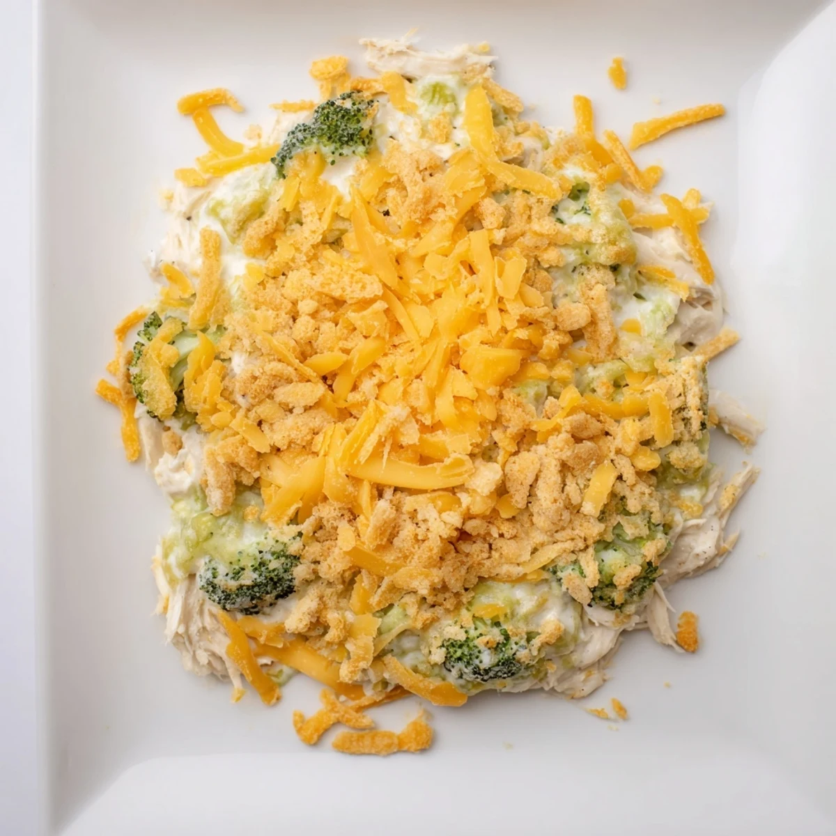 Family style chicken broccoli casserole featuring tender chicken pieces and bright green florets in rich cheesy sauce