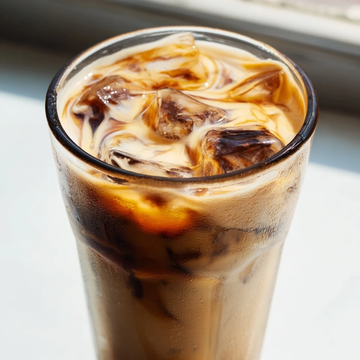 Creamy Okinawa milk tea poured over ice in a tall glass with caramel undertones