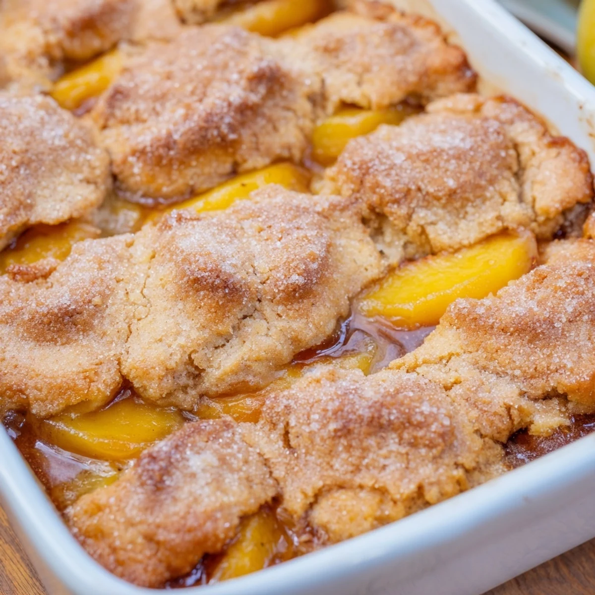 Homemade classic peach cobbler featuring tender baked peaches beneath a buttery golden pastry topping
