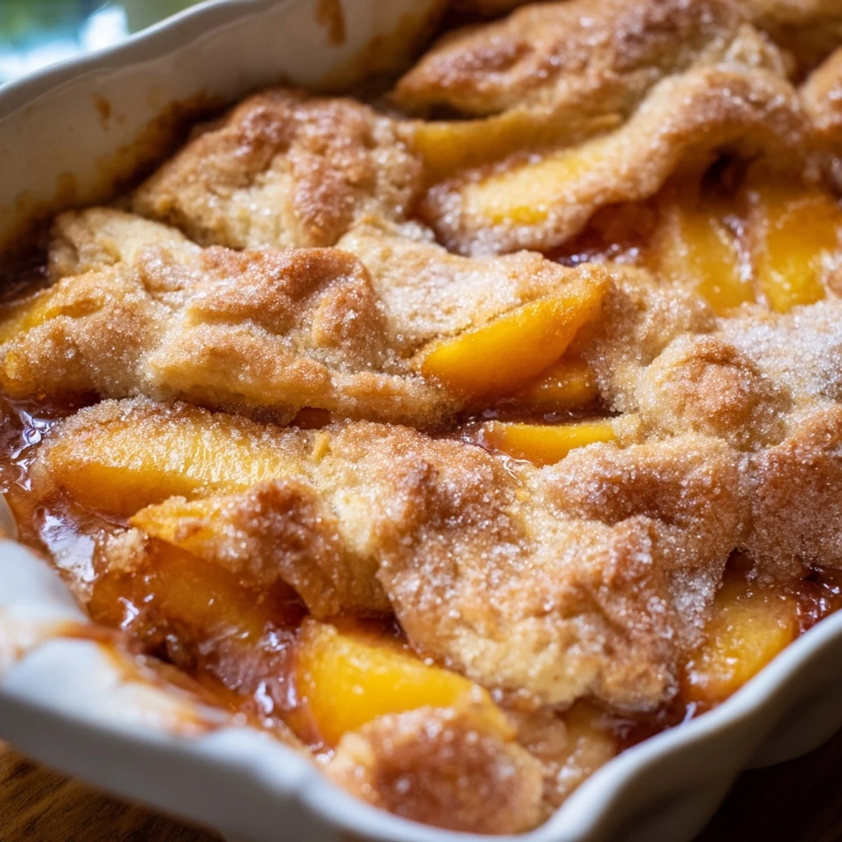 Golden classic peach cobbler with flaky crust bubbling with sweet spiced fruit filling