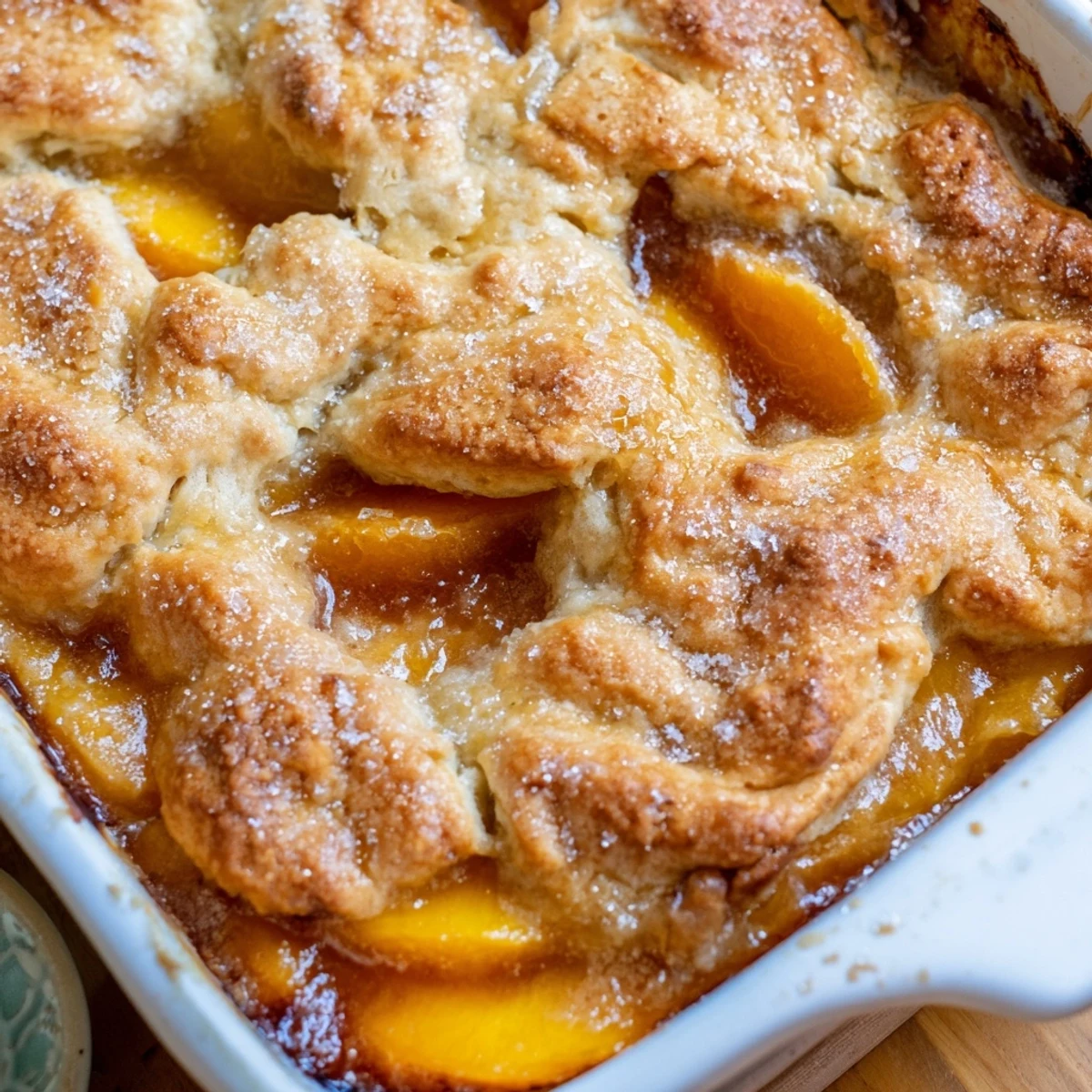 Warm classic peach cobbler served fresh from the oven with sugary flaky crust layers