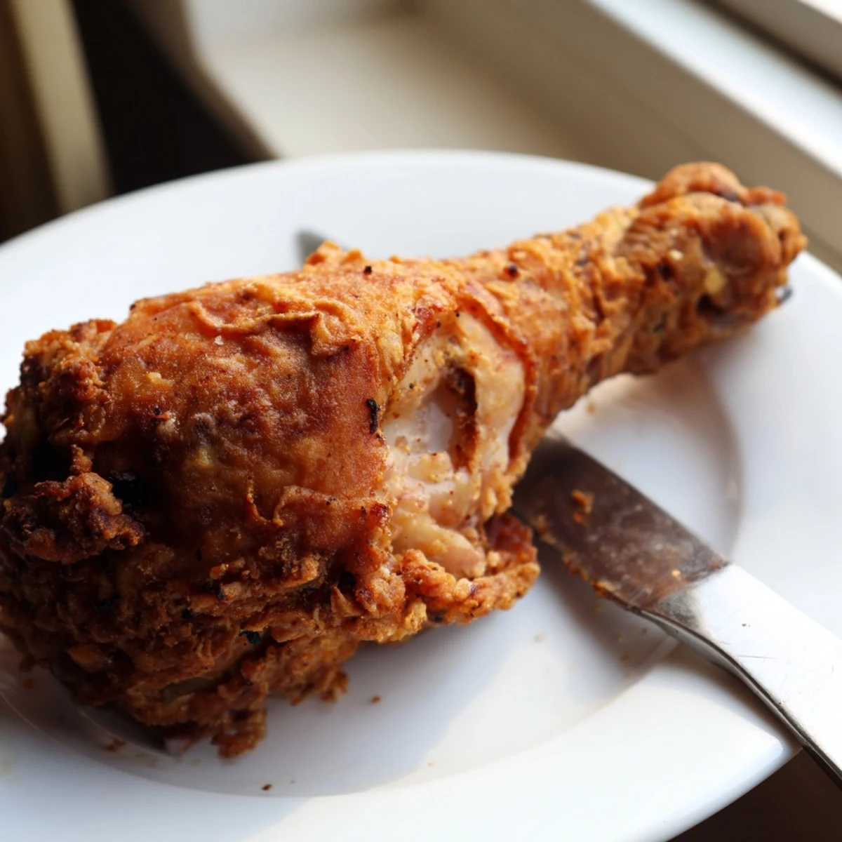 Juicy buttermilk marinated Southern fried chicken with crunchy seasoned coating on a white serving plate
