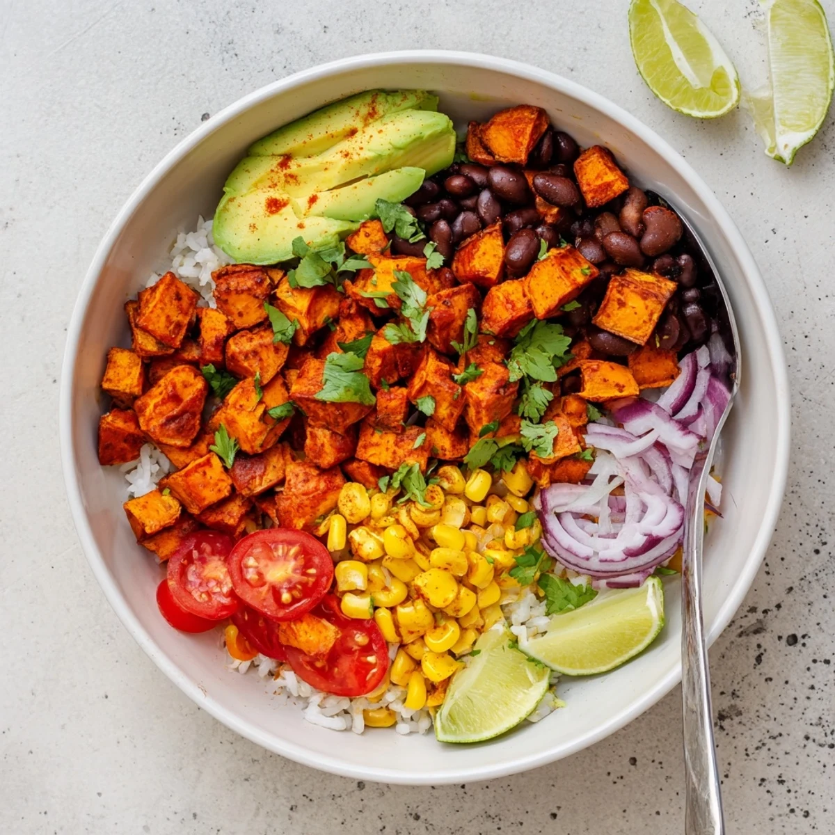 Colorful vegan sweet potato burrito bowl with roasted sweet potatoes, black beans, and fresh toppings in a white serving bowl