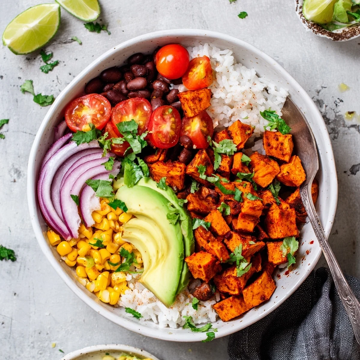 Rustic wooden table displaying vegan sweet potato burrito bowl garnished with cilantro, lime wedges, and cherry tomato halves