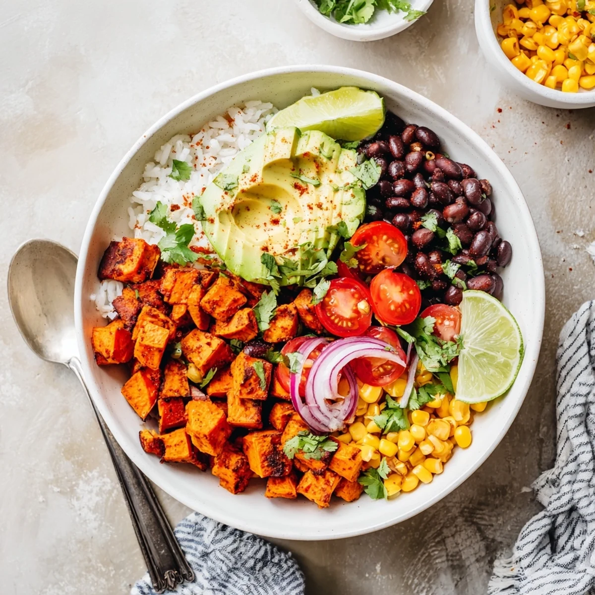 Overhead shot of vegan sweet potato burrito bowl layered with zesty lime rice, creamy avocado slices, and vibrant vegetables