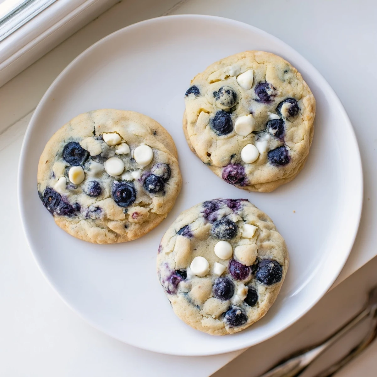 Batch of soft lemon blueberry cookies cooling on wire rack with juicy berry pockets visible